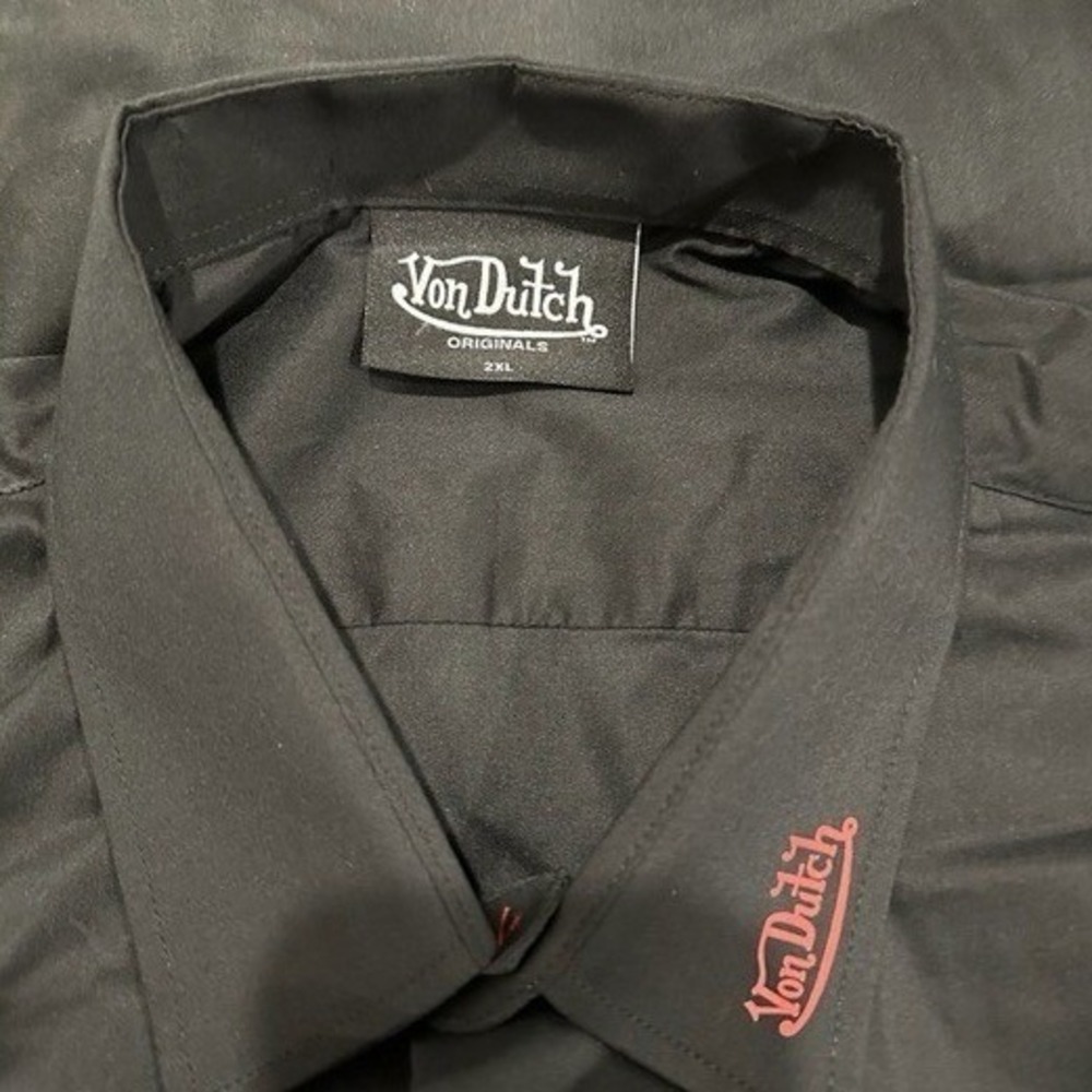 Von Dutch Men Button Down Shirt 2XL Black Tiger Graphic Y2K Denim Cuffs NWOT - Picture 6 of 9